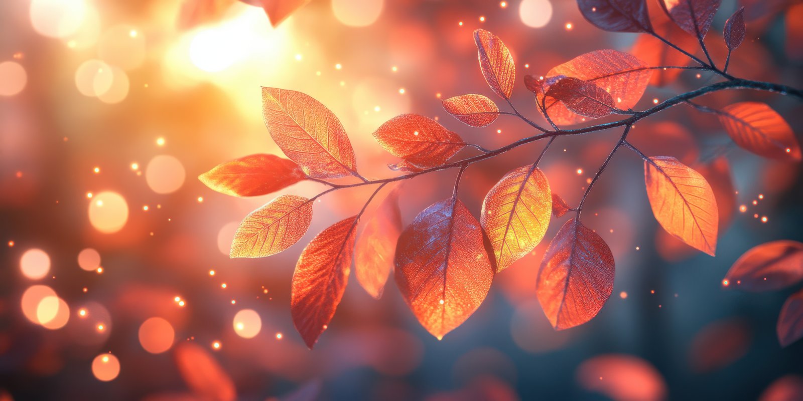 Vibrant autumn leaves glimmering in warm sunlight with dreamy bokeh effect in a serene outdoor setting